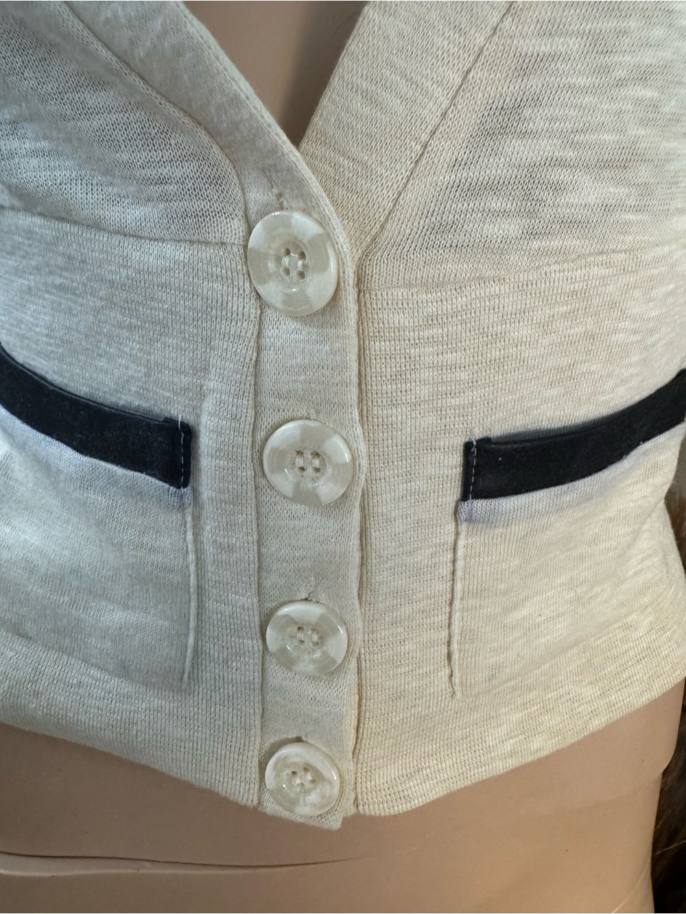 Poof! Cream V-Neck Button Front Cropped Cardigan with Black Trim - Picture 2 of 7
